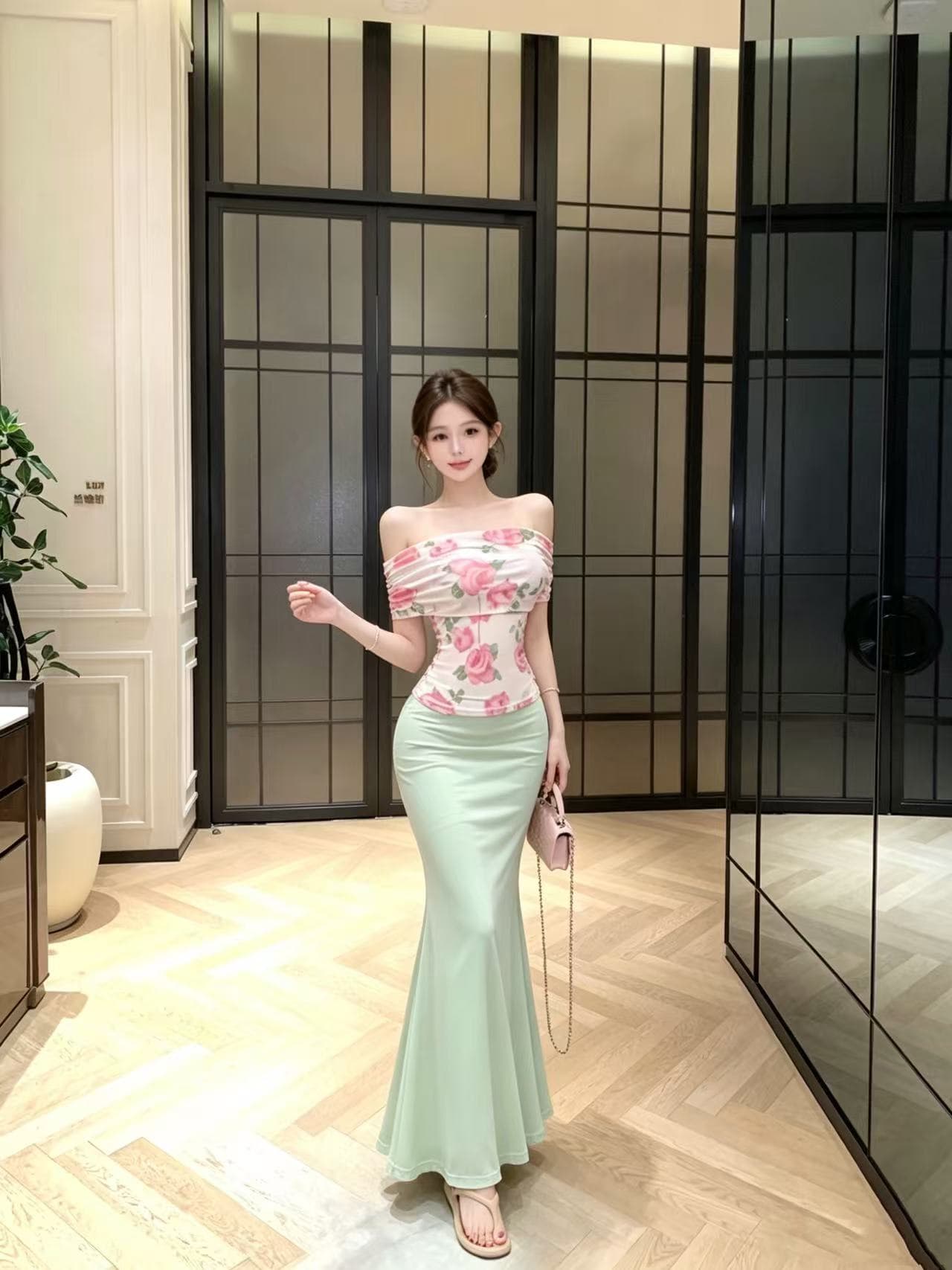 패션 오프숄더 프린트 망사 맨위 망사 반신 스커트 이미지 3