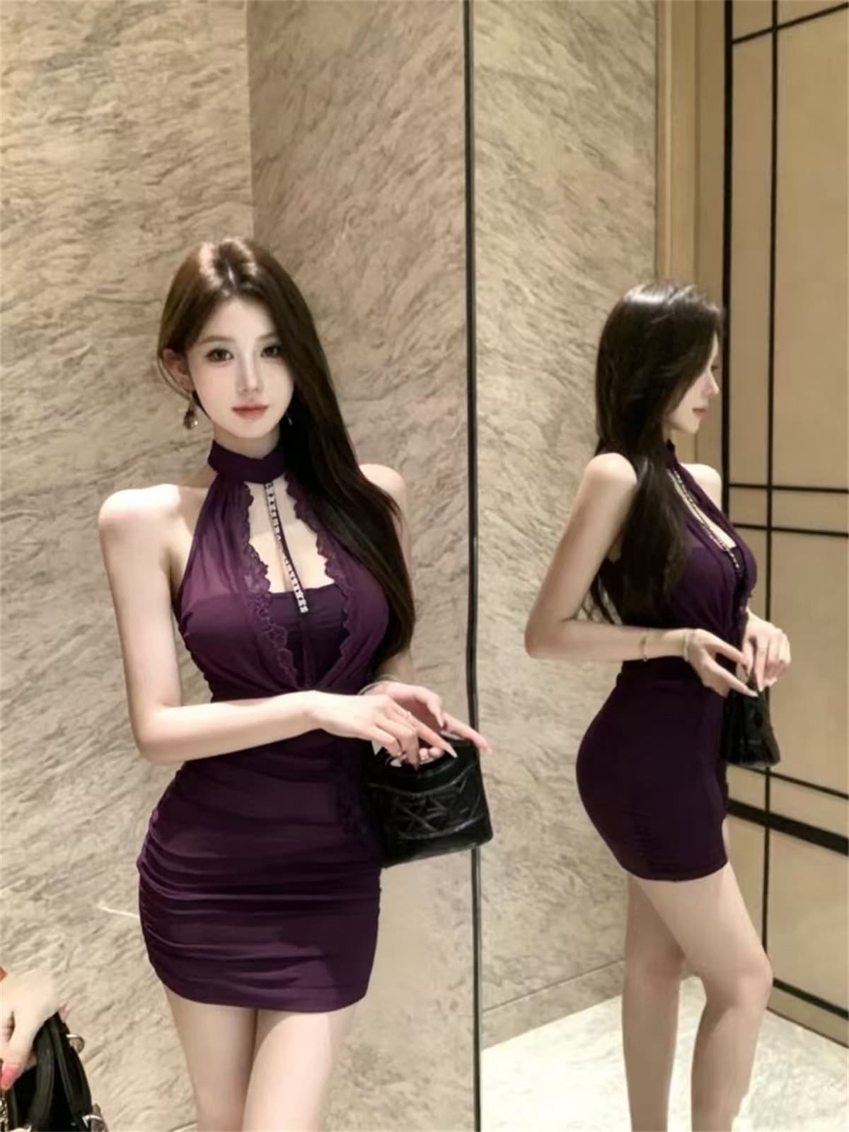 섹시함 핫걸 체인 망사 흔들다 칼라 행침 목 드레스