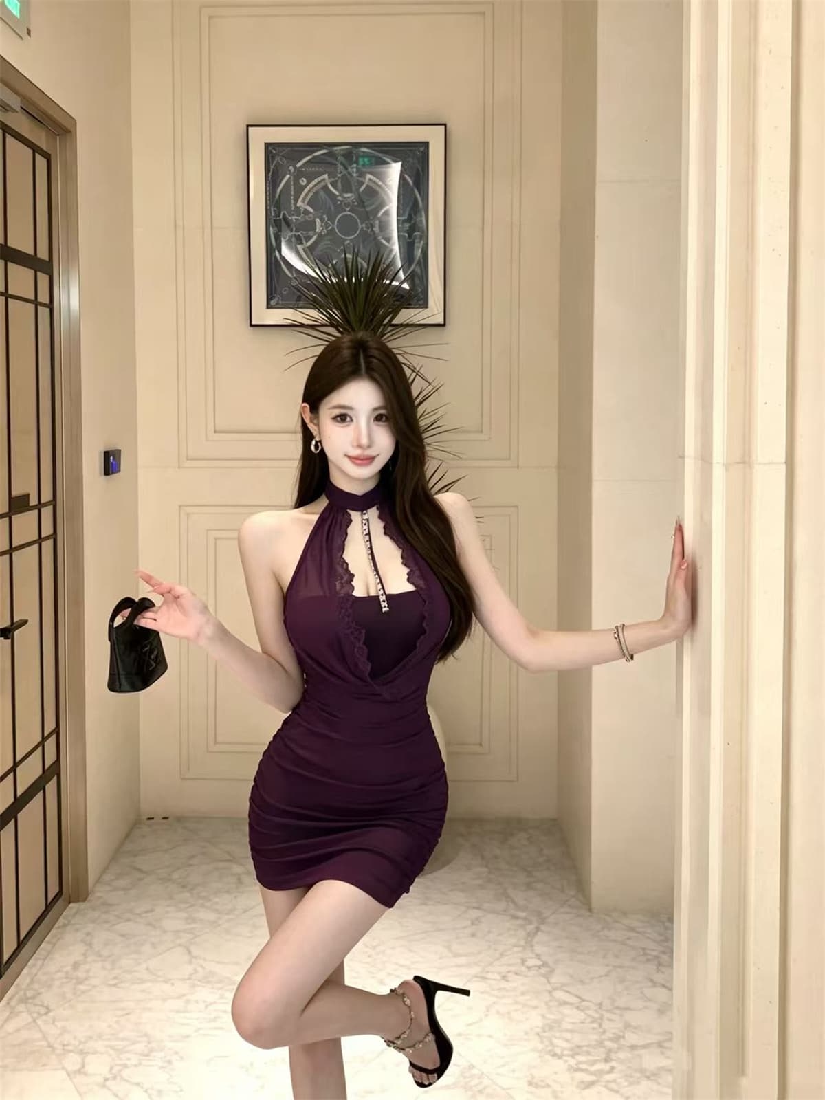 섹시함 핫걸 체인 망사 흔들다 칼라 행침 목 드레스 상세 이미지 5