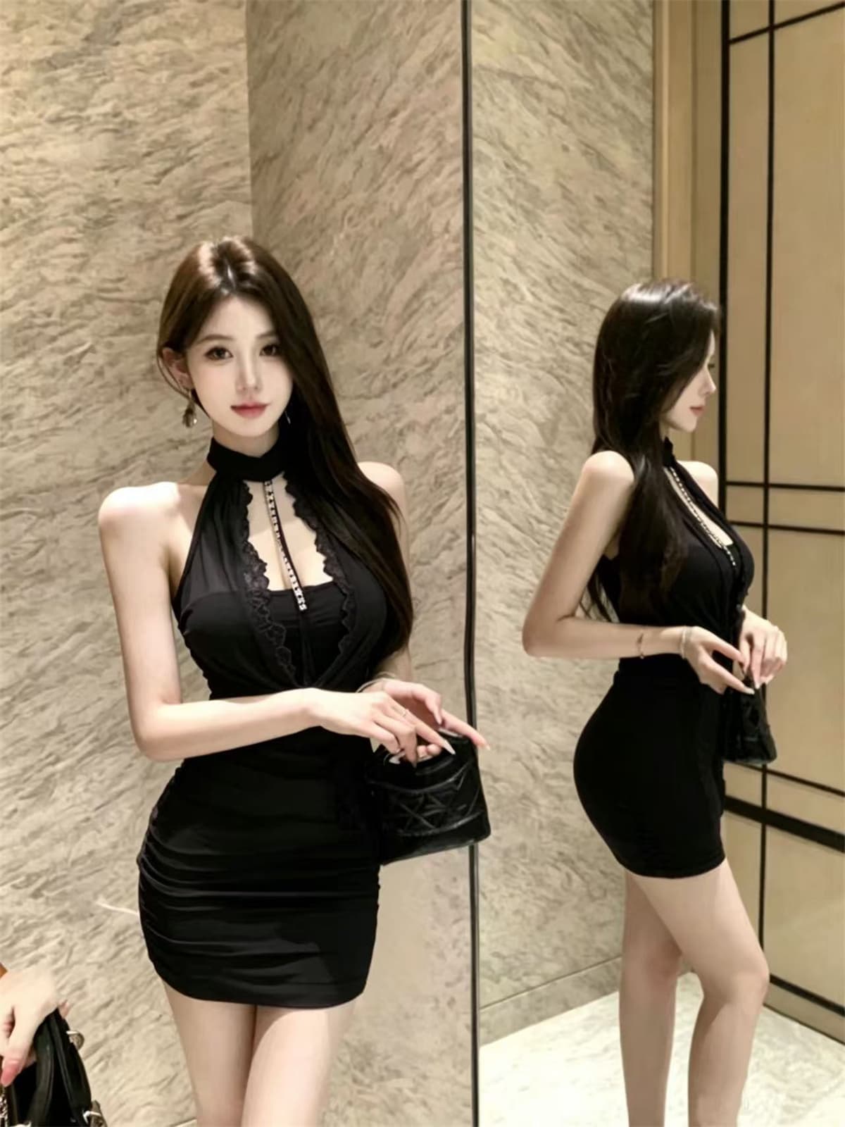 섹시함 핫걸 체인 망사 흔들다 칼라 행침 목 드레스 상세 이미지 9