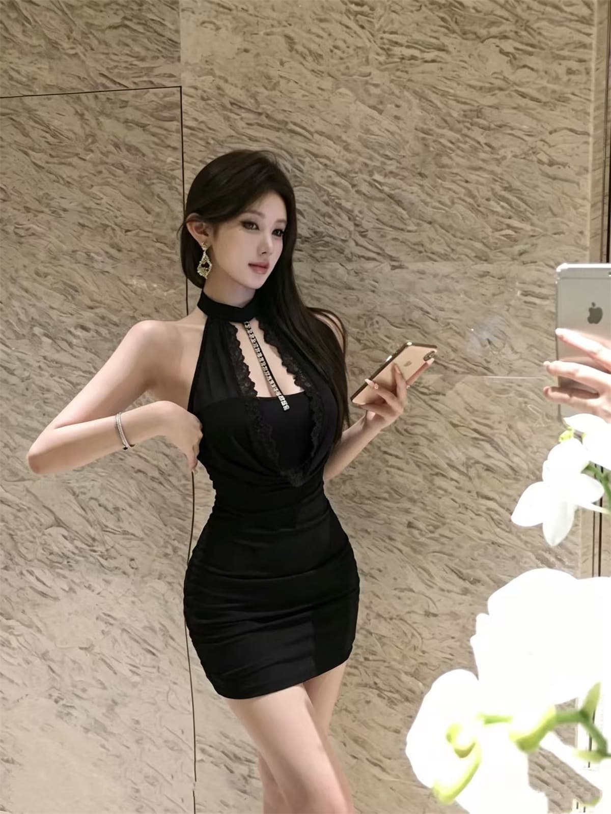 섹시함 핫걸 체인 망사 흔들다 칼라 행침 목 드레스 상세 이미지 10