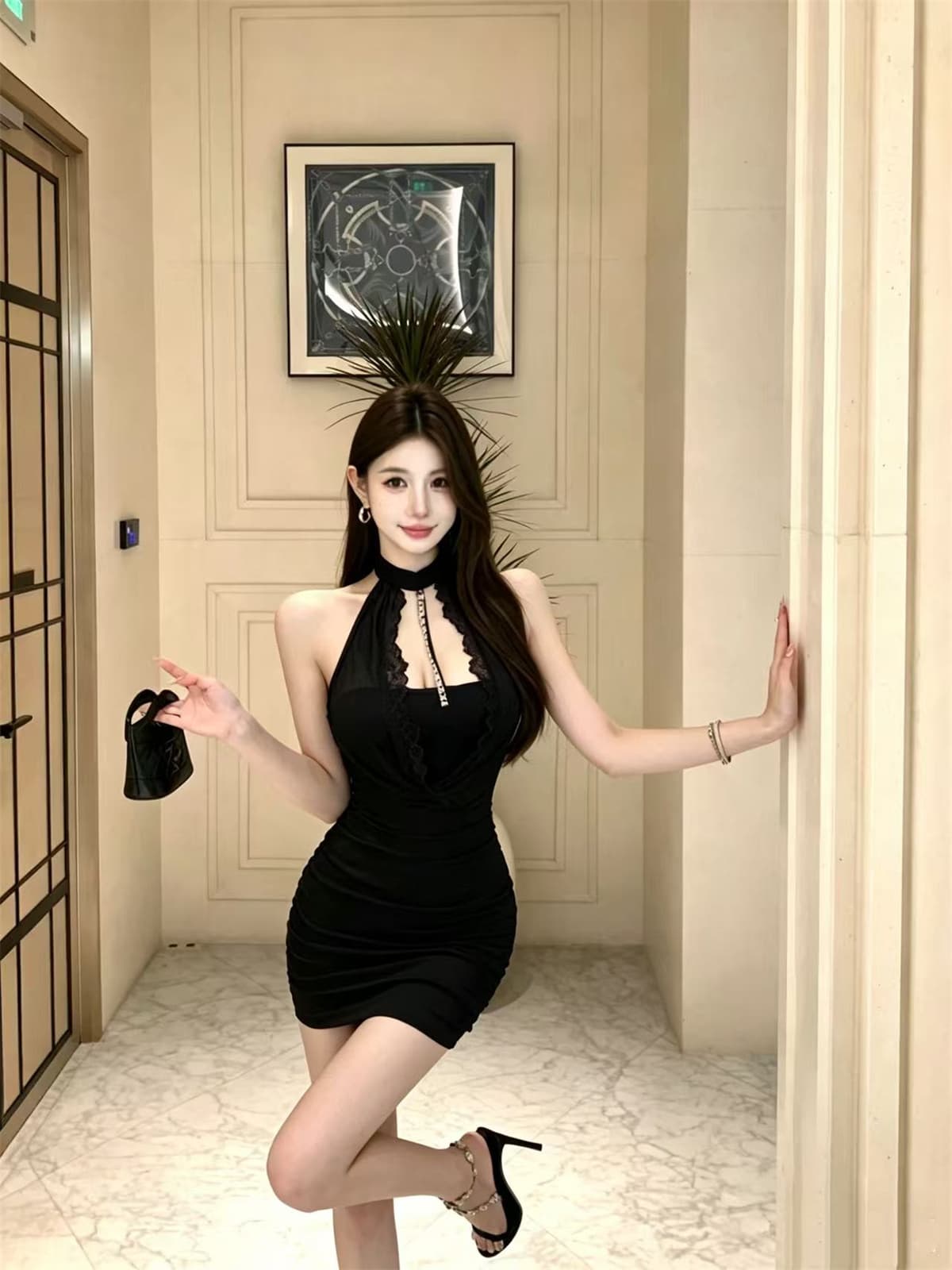 섹시함 핫걸 체인 망사 흔들다 칼라 행침 목 드레스 상세 이미지 11