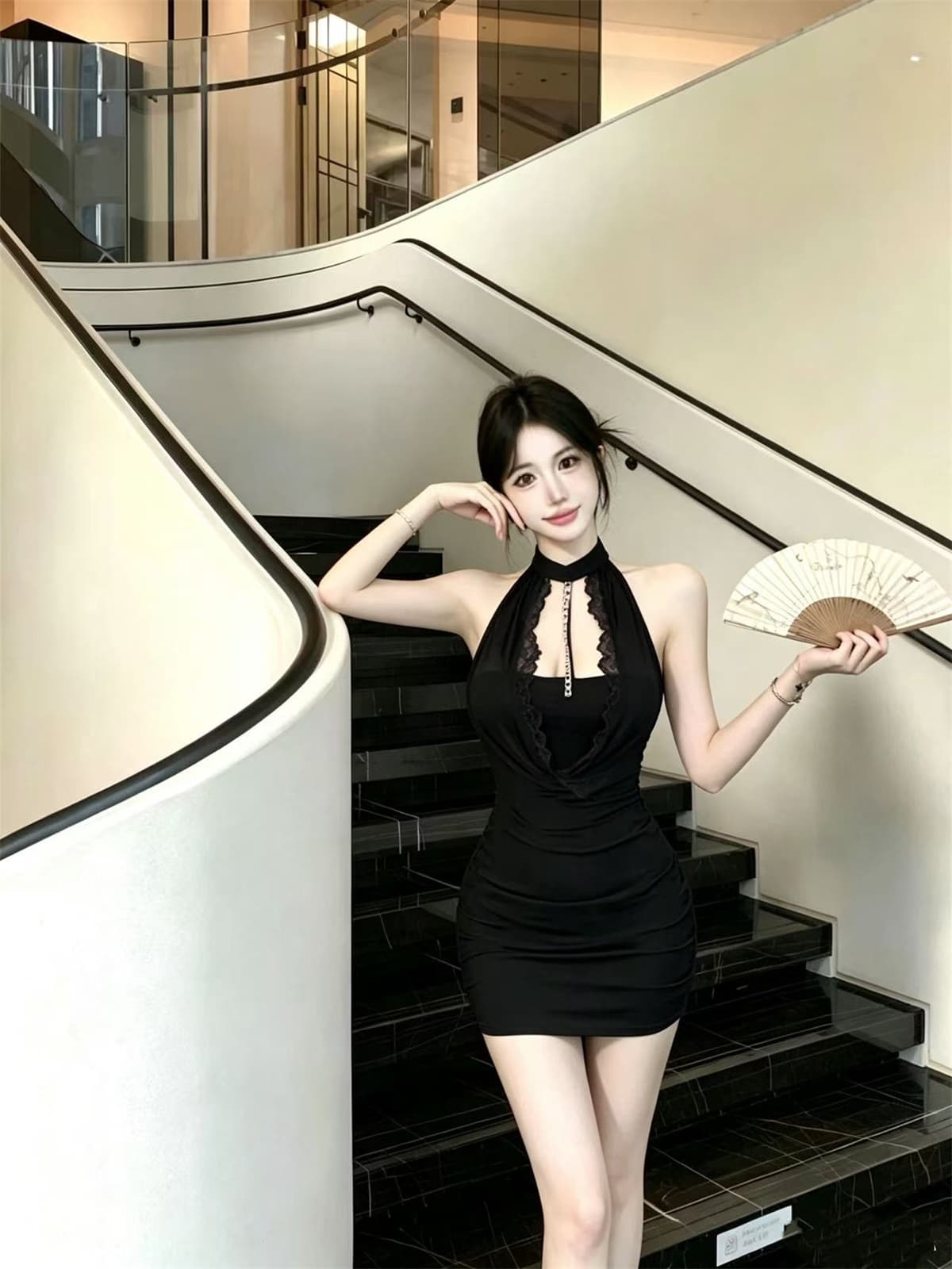 섹시함 핫걸 체인 망사 흔들다 칼라 행침 목 드레스 상세 이미지 14