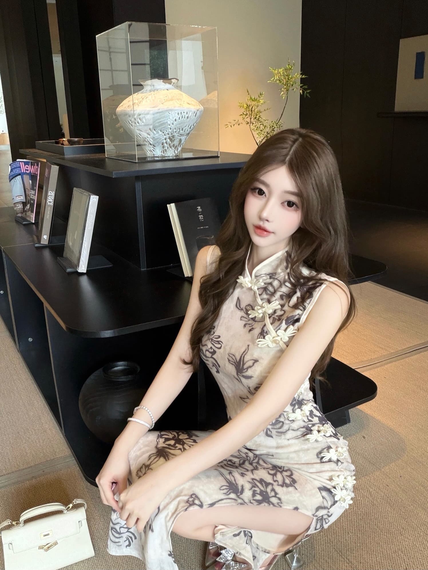 새로운 중식 개선 레트로 망사 프린트 트임 치파오 드레스 상세 이미지 2