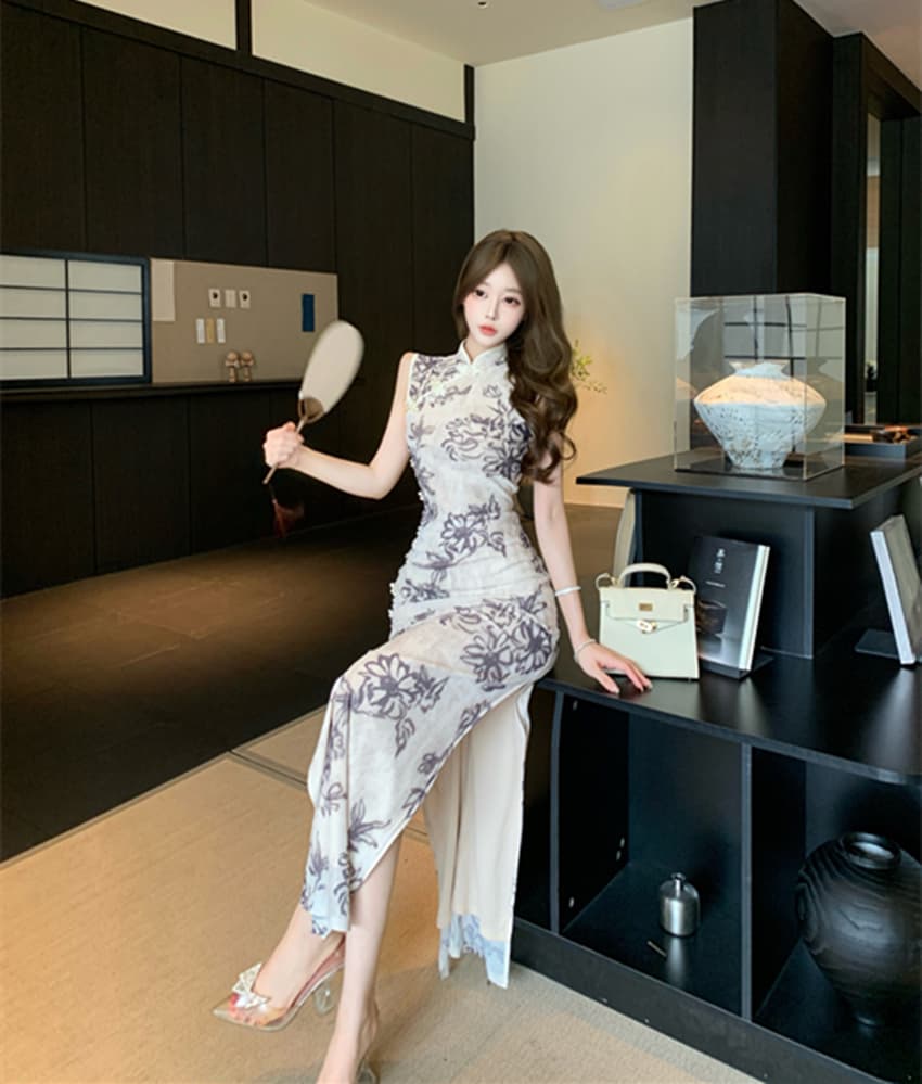 새로운 중식 개선 레트로 망사 프린트 트임 치파오 드레스 상세 이미지 7