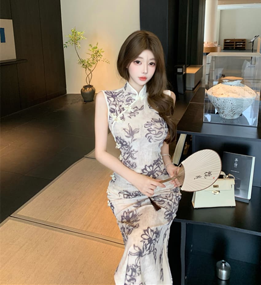 새로운 중식 개선 레트로 망사 프린트 트임 치파오 드레스 상세 이미지 8