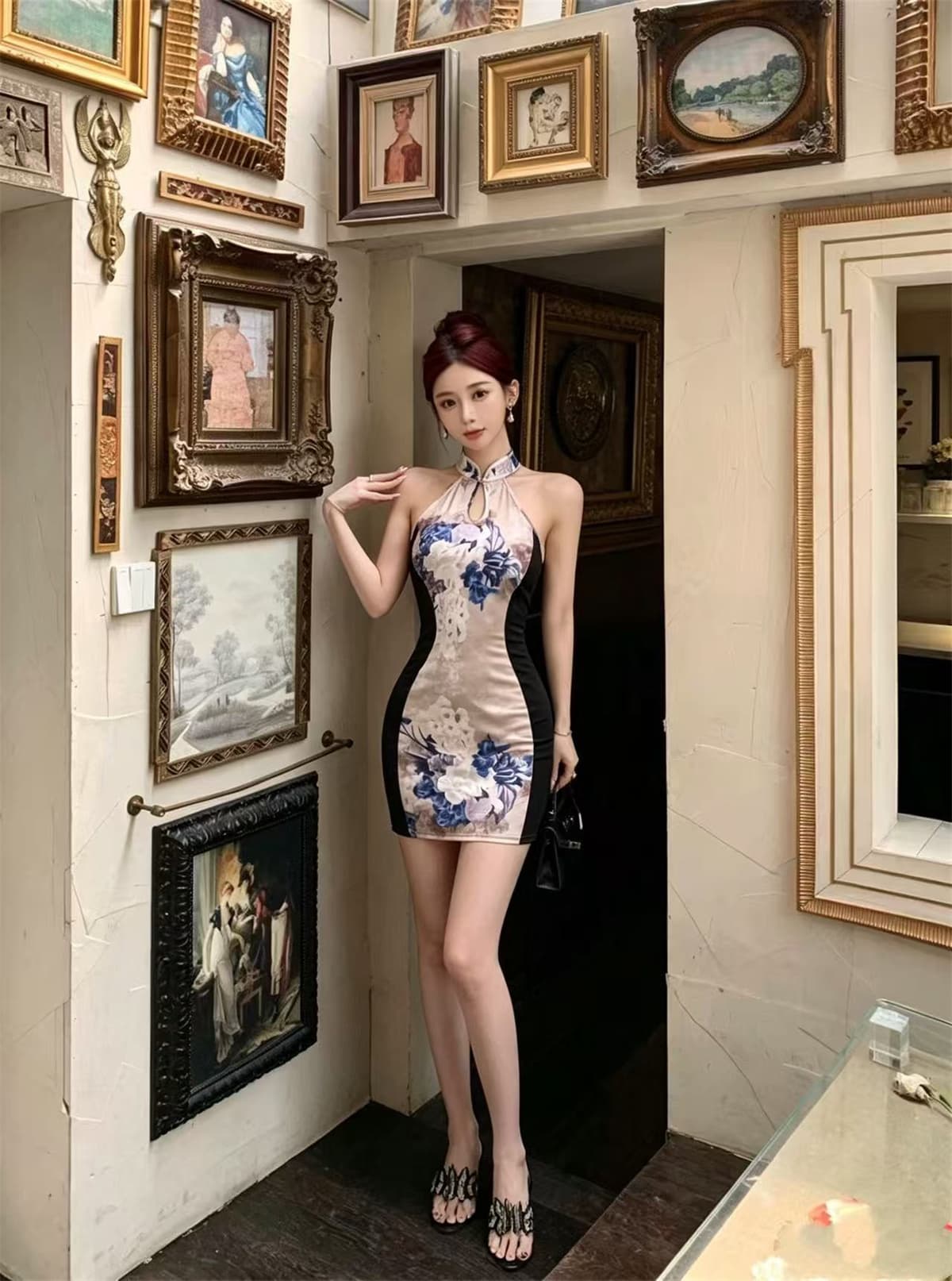패션 다용도 품격 허리 수축 슬림해 보이는 프린트 치파오 점프 슈트 짧은 치마 상세 이미지 2