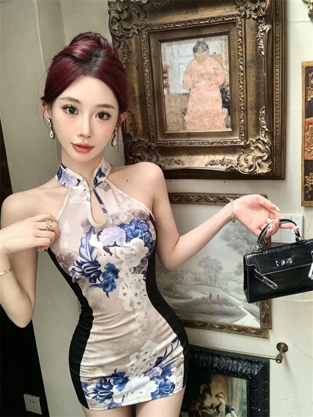 패션 다용도 품격 허리 수축 슬림해 보이는 프린트 치파오 점프 슈트 짧은 치마 상세 이미지 11