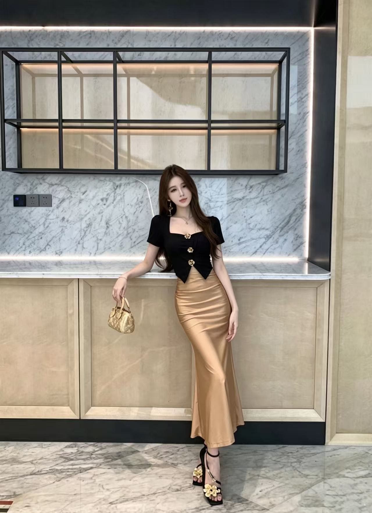 패션 3 차원 꽃 배색 패치워크 허리 수축 긴팔 드레스 이미지 3