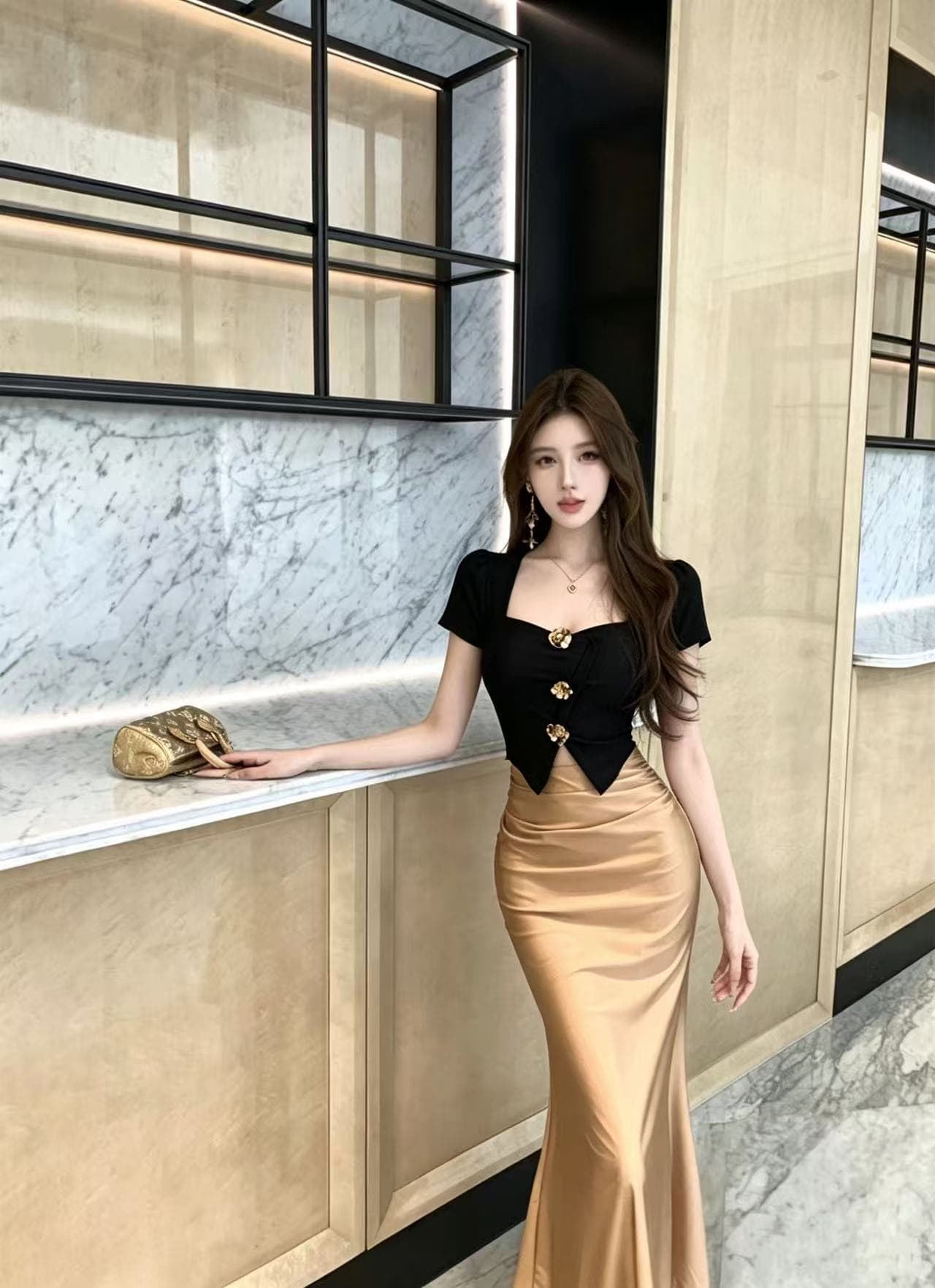 패션 3 차원 꽃 배색 패치워크 허리 수축 긴팔 드레스 상세 이미지 9