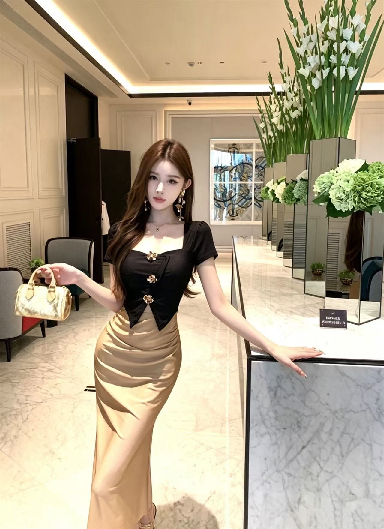 패션 3 차원 꽃 배색 패치워크 허리 수축 긴팔 드레스 상세 이미지 11