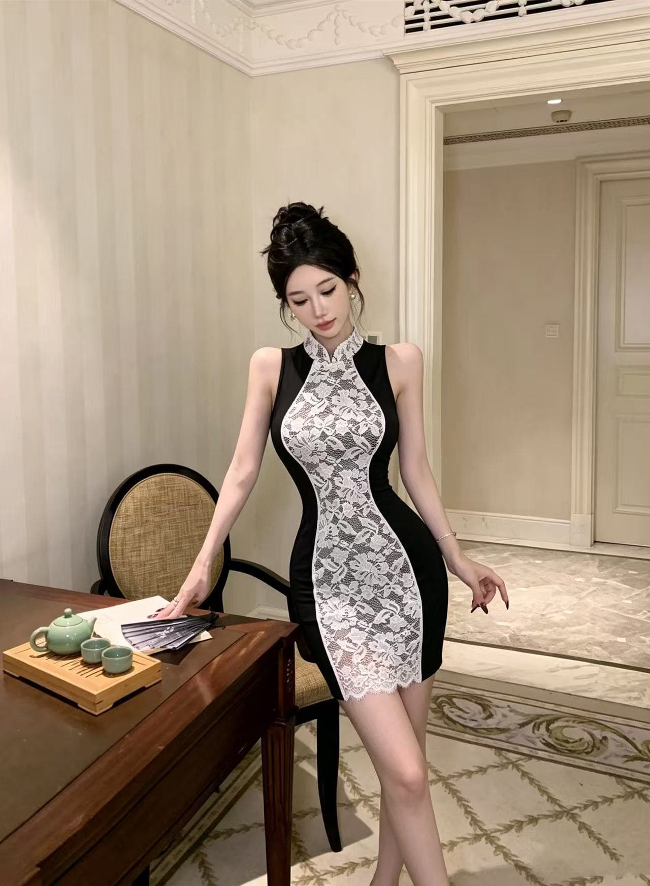 레트로 레이스 조각 몸매 가꾸기 슬림해 보이는 타이트 스커트 치파오 드레스 상세 이미지 2