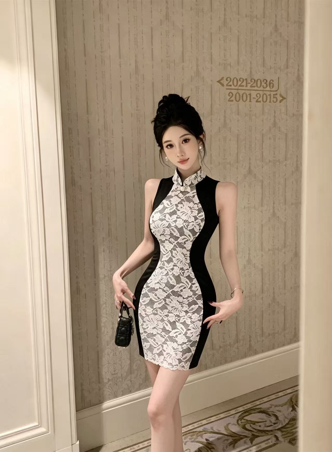 레트로 레이스 조각 몸매 가꾸기 슬림해 보이는 타이트 스커트 치파오 드레스 상세 이미지 8