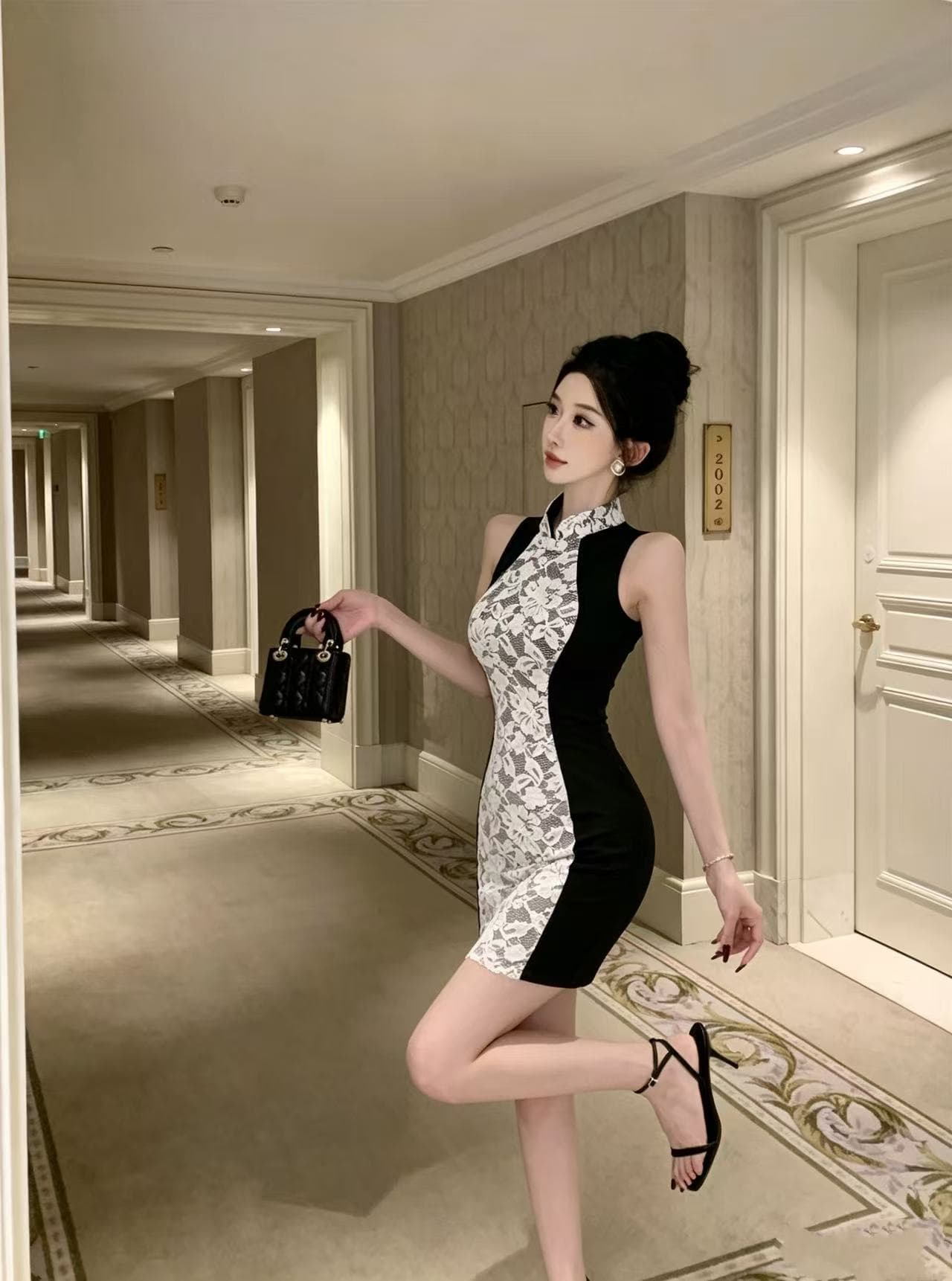 레트로 레이스 조각 몸매 가꾸기 슬림해 보이는 타이트 스커트 치파오 드레스 상세 이미지 9
