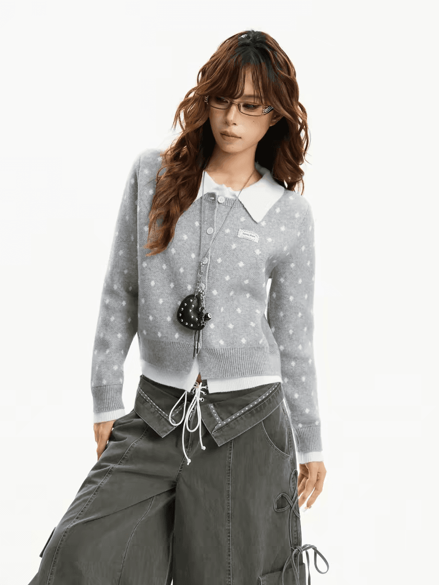 아메리칸 회색 긍정적 인 어깨 POLO 칼라 페이크 레이어드 스웨터 오픈 가디건 여성 코트 가을 겨울 몸매 가꾸기 슬림해 보이는 니트 스웨터 맨위 이미지 3