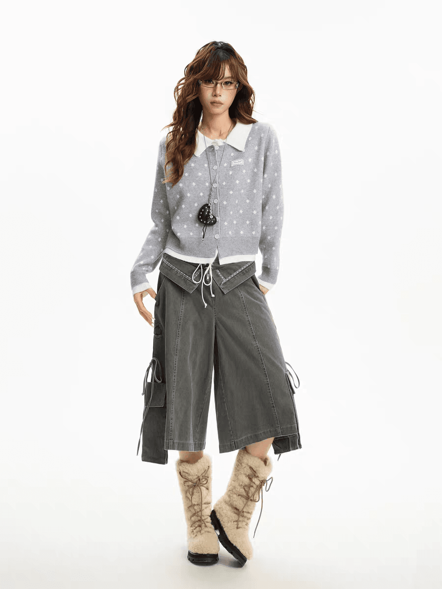 아메리칸 회색 긍정적 인 어깨 POLO 칼라 페이크 레이어드 스웨터 오픈 가디건 여성 코트 가을 겨울 몸매 가꾸기 슬림해 보이는 니트 스웨터 맨위 상세 이미지 3