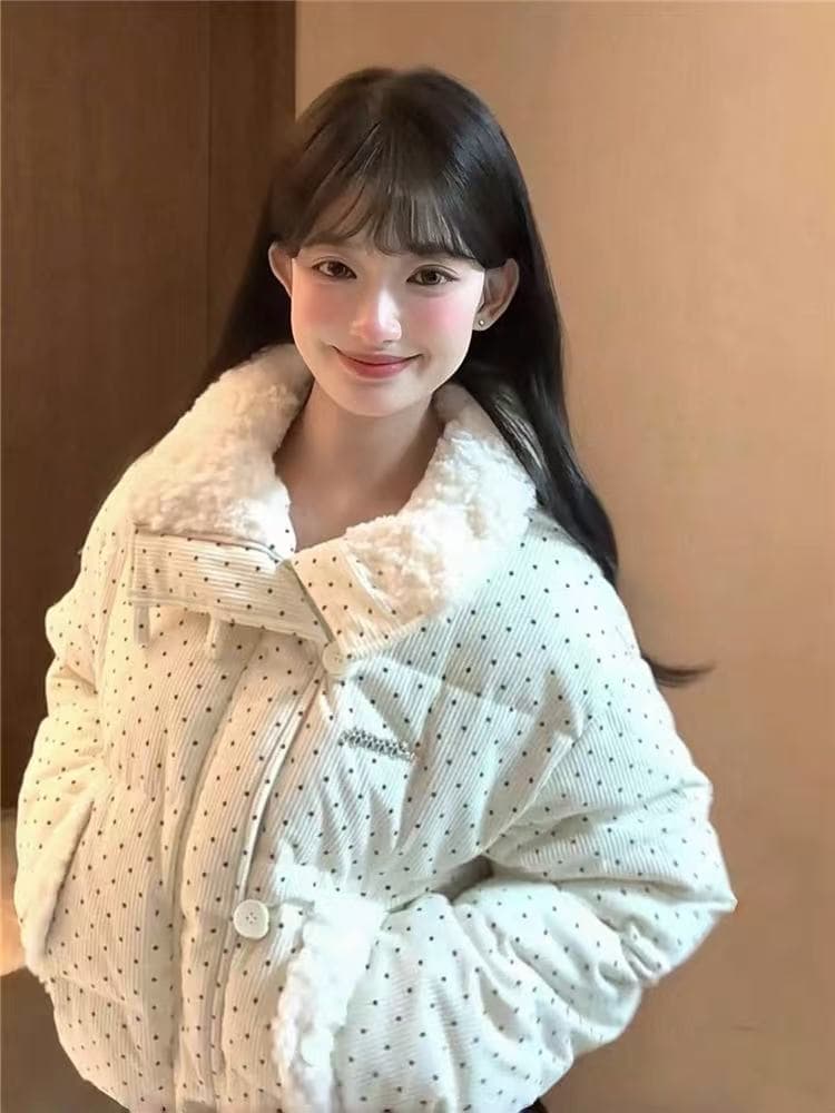 코듀로이 도트 무늬 다운 재킷 여성 2025 겨울 새로운 두꺼운 루즈핏 모피 칼라 패딩 재킷 쇼트 스타일 재킷 맨위 이미지 2