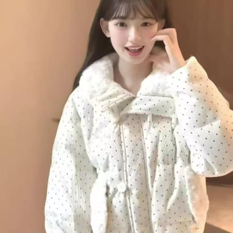 코듀로이 도트 무늬 다운 재킷 여성 2025 겨울 새로운 두꺼운 루즈핏 모피 칼라 패딩 재킷 쇼트 스타일 재킷 맨위 상세 이미지 1