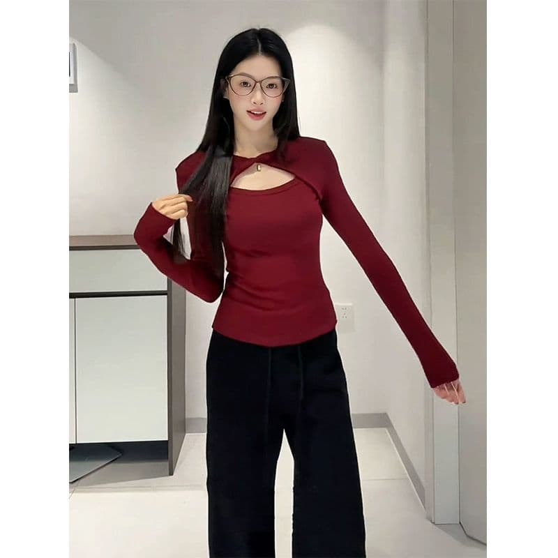 mr 리브 De 플러시 디자인 센스 비틀림 홀로우 아웃 긍정적 인 어깨 긴팔 티셔츠 여성 가을 겨울 인사이드 가져 가라. 기본 셔츠 맨위 이미지 3