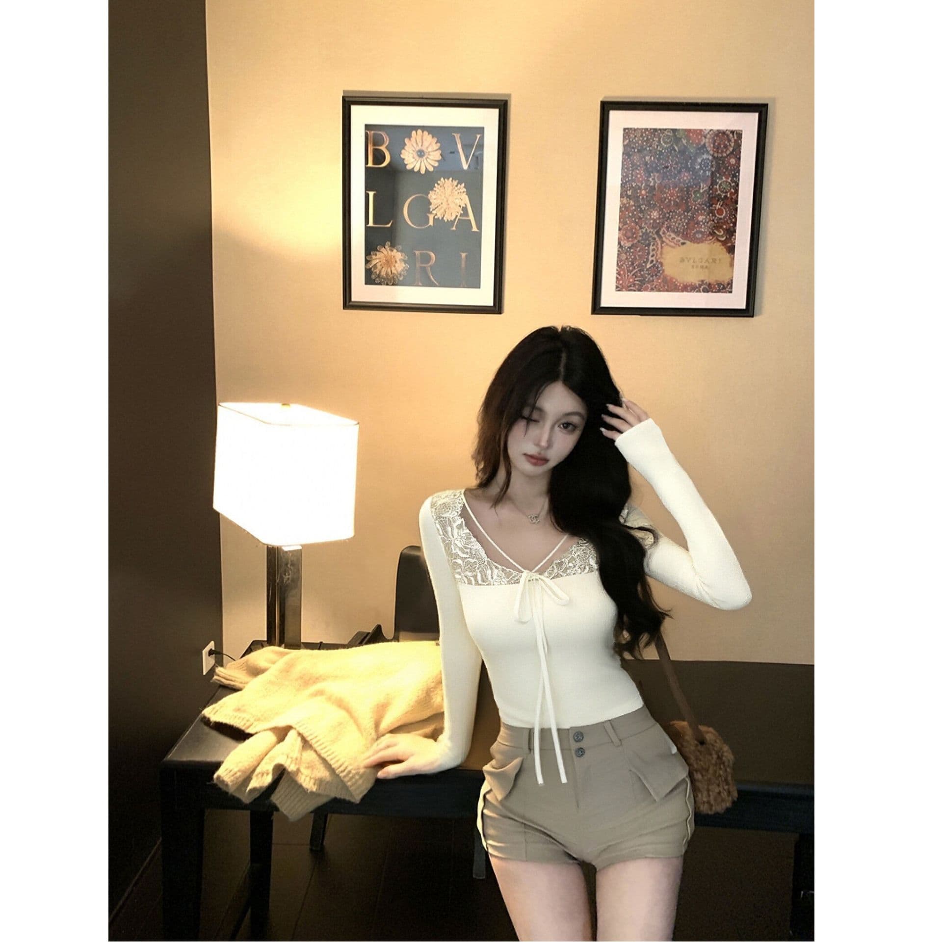 mr 리브 De 플러시 레이스 조각 V넥 티셔츠 여성 겨울 몸매 가꾸기 인사이드 가져 가라. 기본 셔츠 섹시함 긴팔 맨위 상세 이미지 3