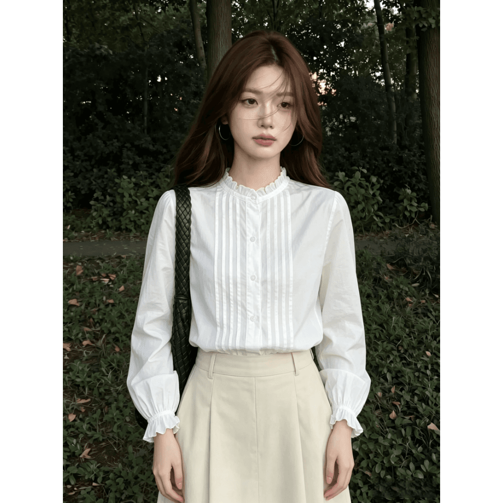 패션 외국 가스 맨위 2026 이른 가을 여성 의류 프랑스식 Chic 흰 셔츠 디자인 센스 작은 대중 스탠드 칼라 긴팔 셔츠 이미지 3