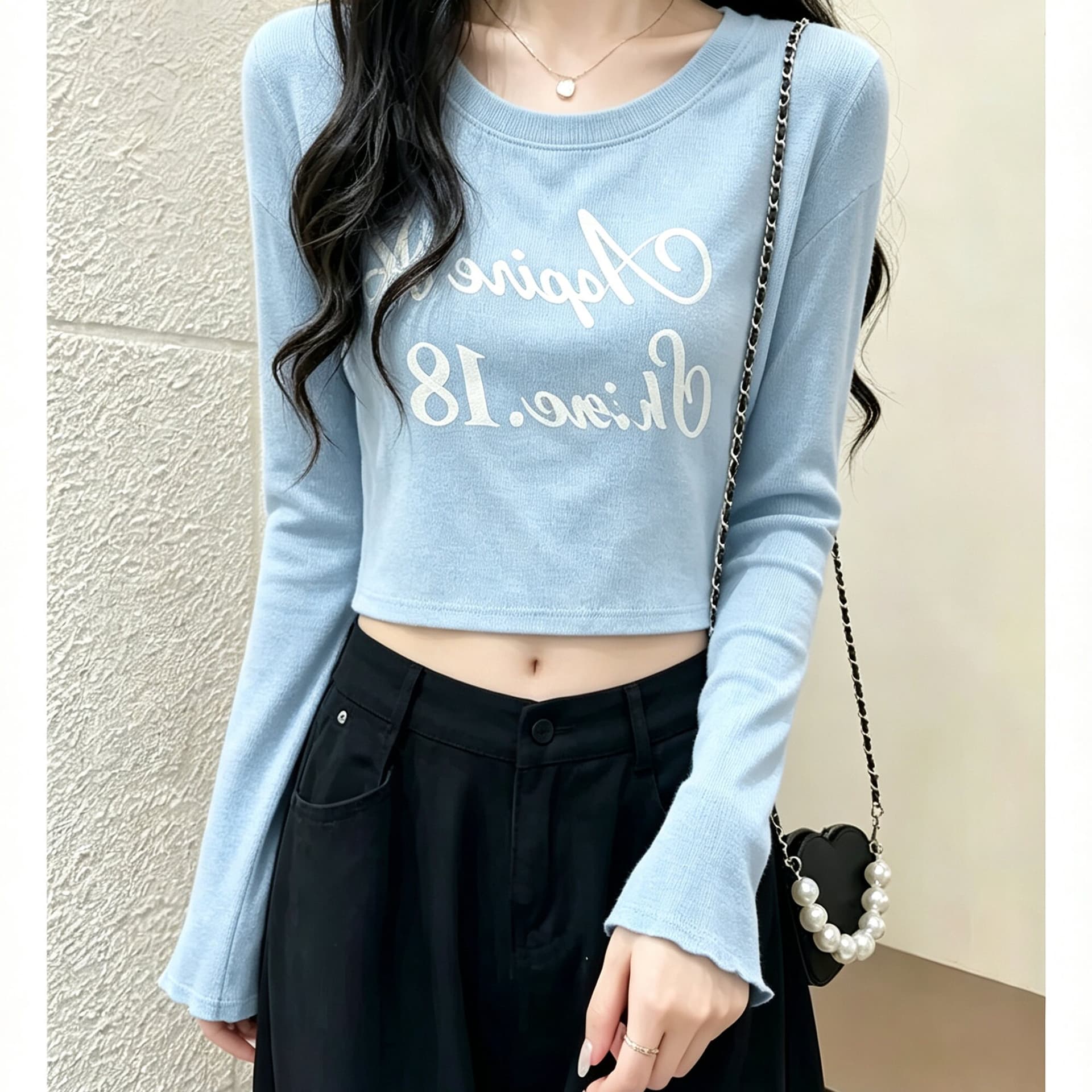 대나무 마디 면 파란색 긴팔 티셔츠 여성 의류 26 가을 새로운 작은 대중 디자인 센스 Chic 세련된 티셔츠 맨위 상세 이미지 2