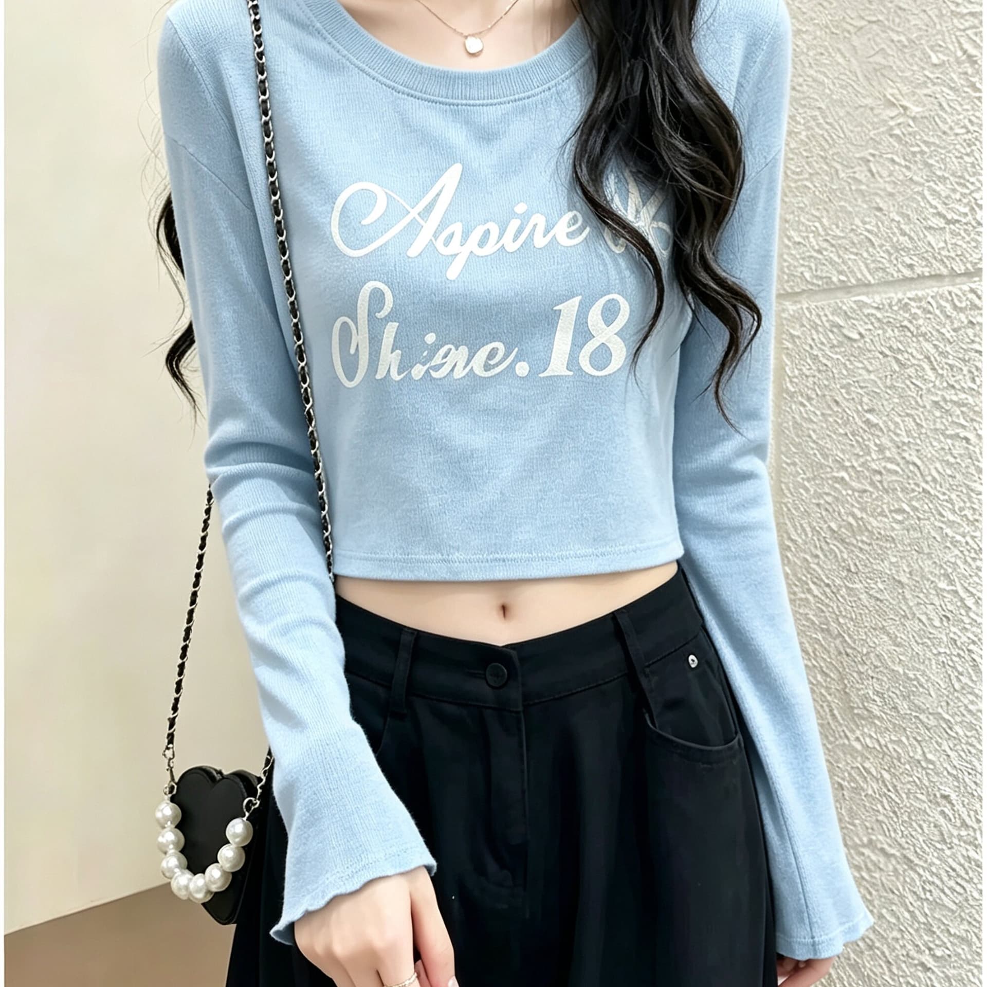 대나무 마디 면 파란색 긴팔 티셔츠 여성 의류 26 가을 새로운 작은 대중 디자인 센스 Chic 세련된 티셔츠 맨위 상세 이미지 4