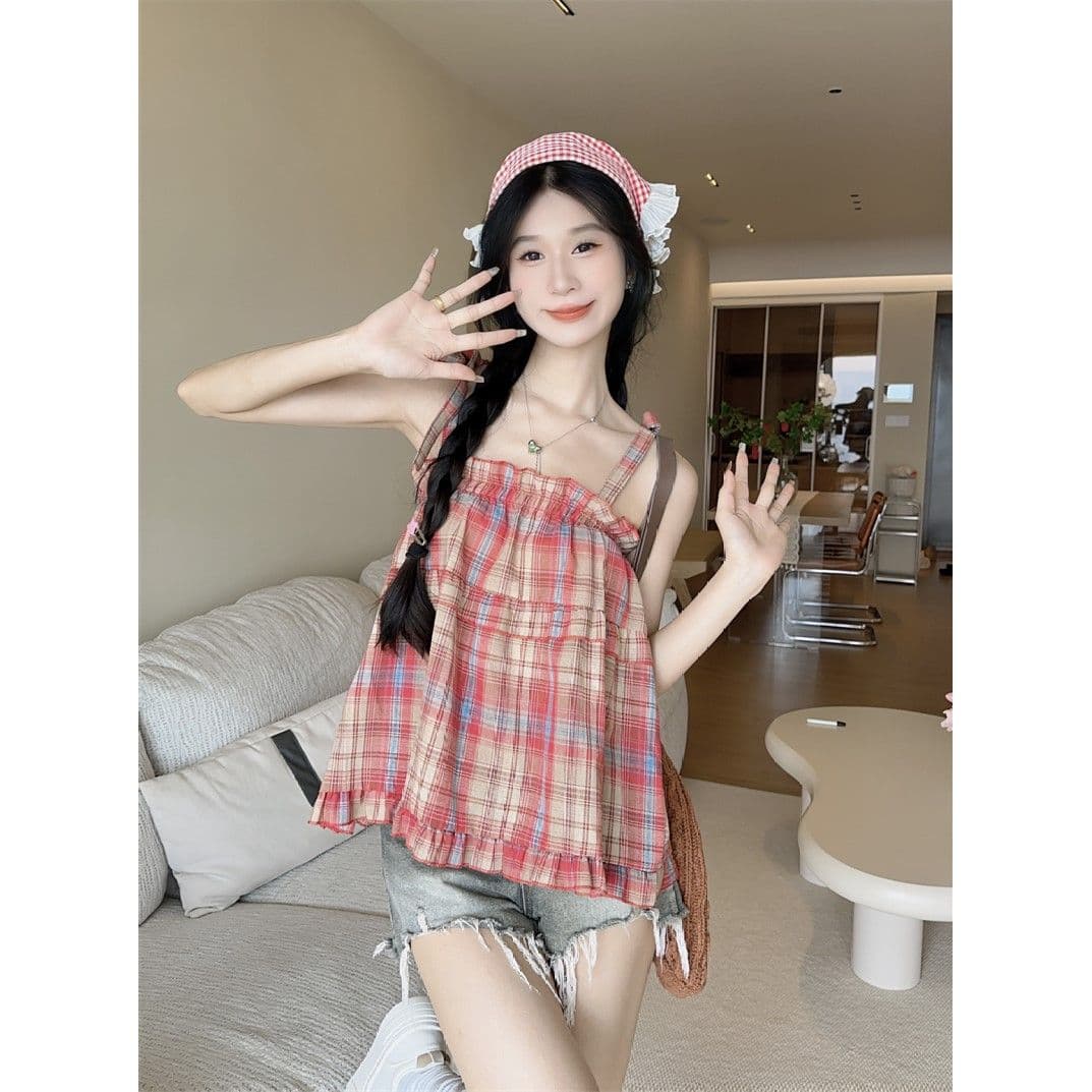 외국 가스 체크무늬 쇼트 스타일 민소매 외출용 작은 슬링 여름 달콤한 핫걸 도파민 착용 가져 가라. 품격 조끼 맨위 여성