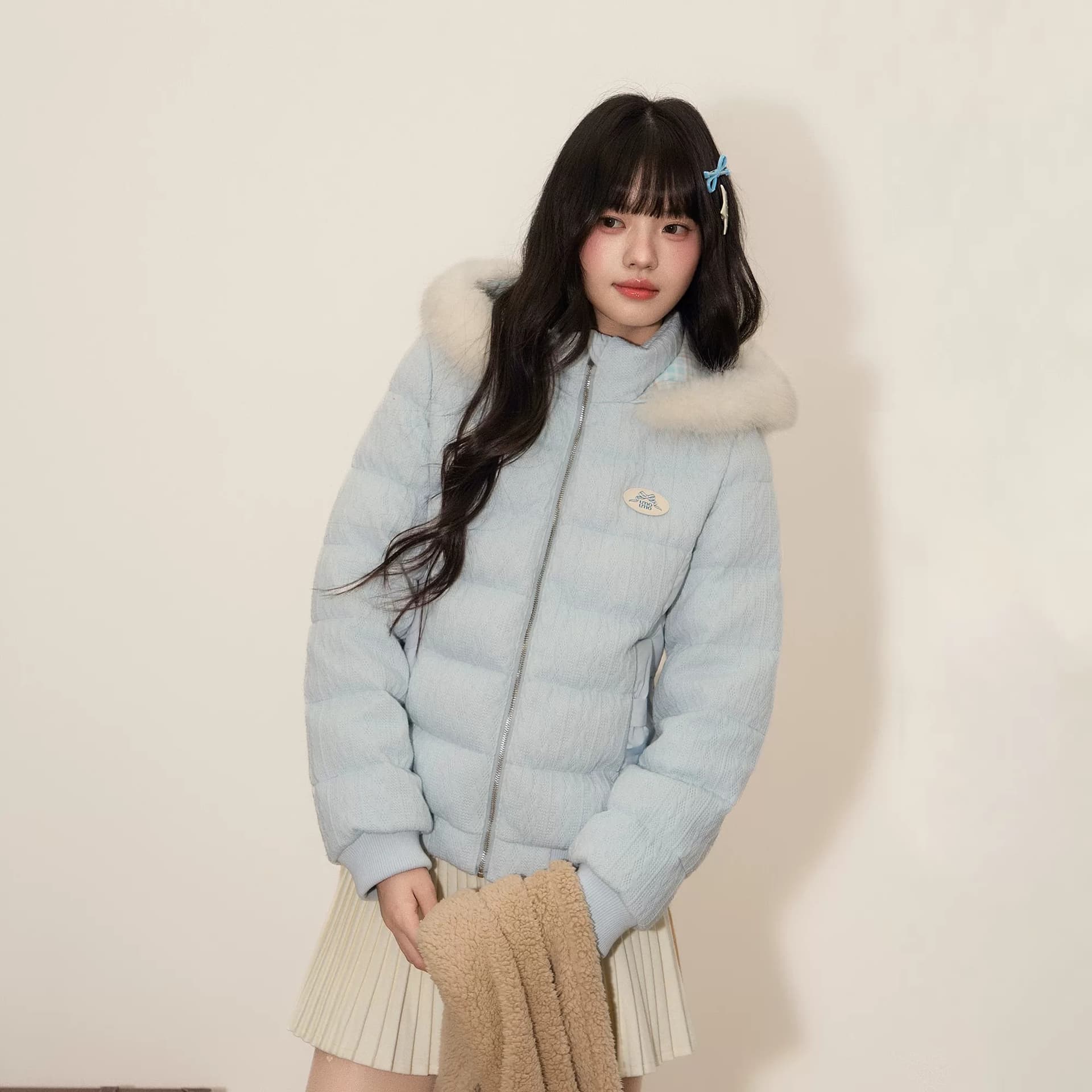 umoumo 우 버섯 부드러운 다용도 작은 키 면 옷 트위스트 꽃 모직물 패치워크 후드 모피 칼라 허리 수축 여성 코트 이미지 2