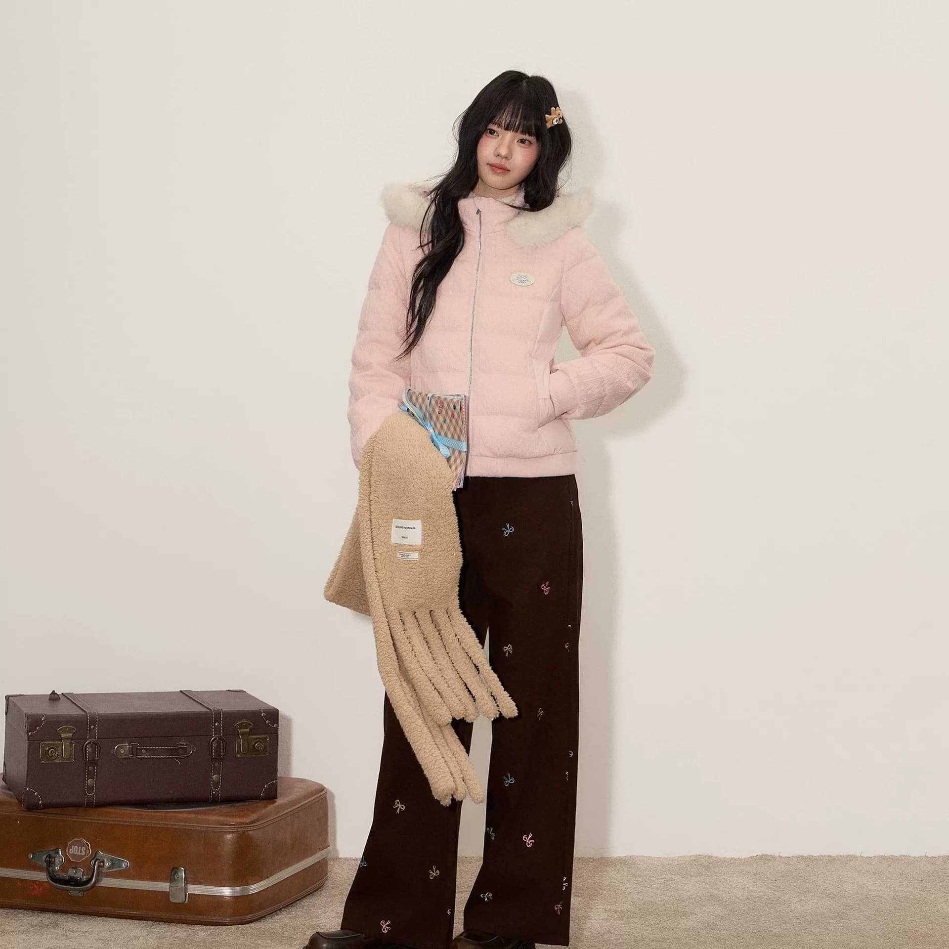 umoumo 우 버섯 부드러운 다용도 작은 키 면 옷 트위스트 꽃 모직물 패치워크 후드 모피 칼라 허리 수축 여성 코트 상세 이미지 3