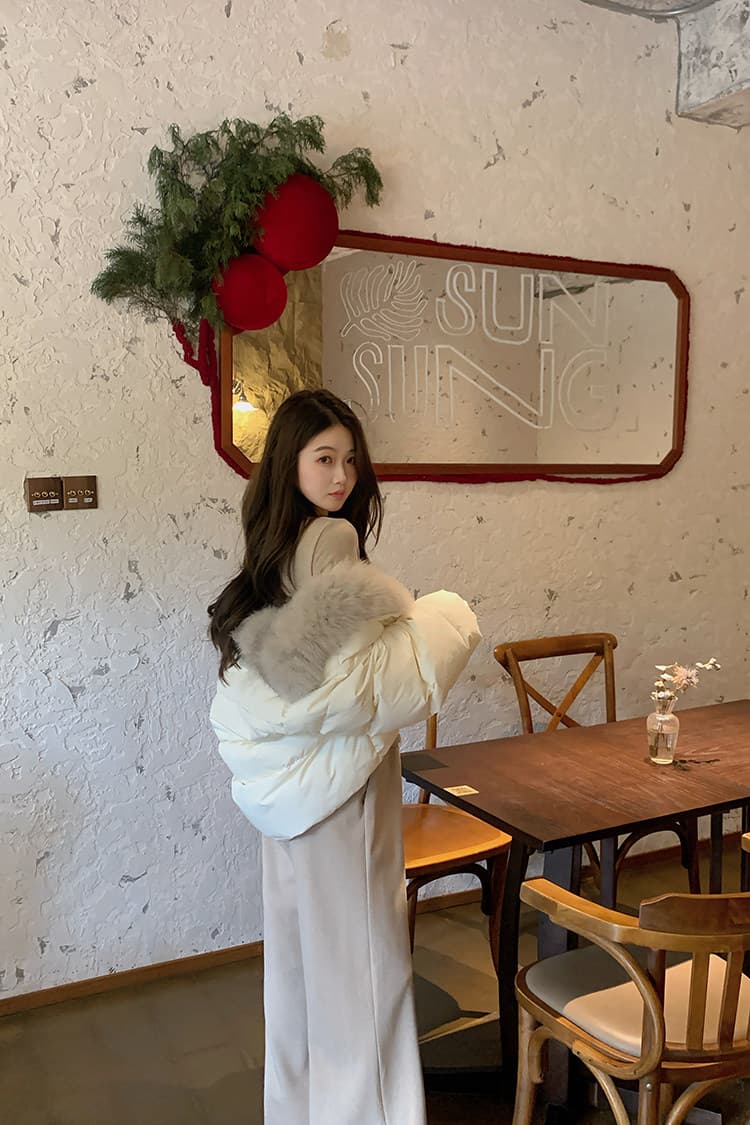 학원 패치워크 쇼트 스타일 아래 면화 의류 여성 모방 여우 모피 칼라 루즈핏 두꺼운 작은 키 한국 스타일 빵 외투 상세 이미지 19