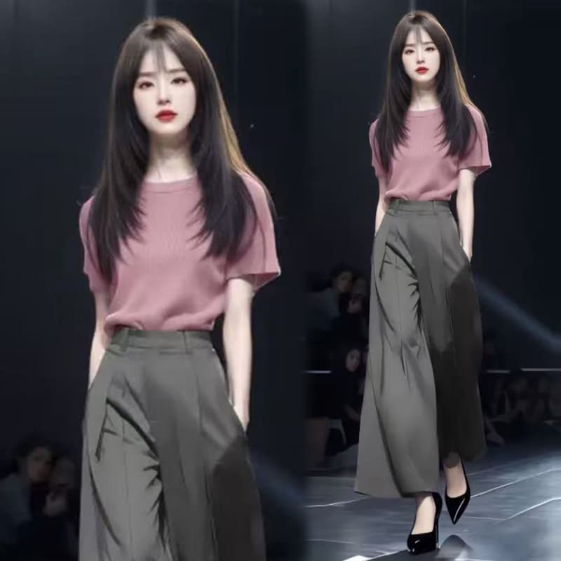 패션 정장 여자 2025 여름 새로운 세련된 외국 가스 짧은 소매 티셔츠 높은 허리 와이드 레깅스 바지 기질 2 피스 세트 조수 이미지 3