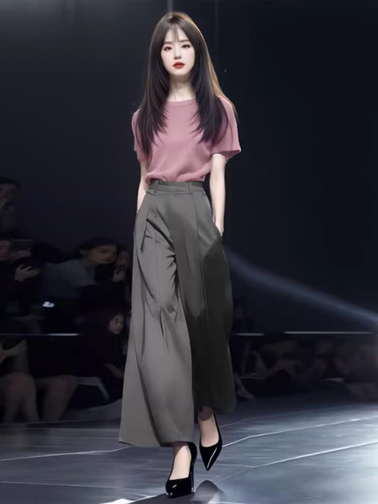 패션 정장 여자 2025 여름 새로운 세련된 외국 가스 짧은 소매 티셔츠 높은 허리 와이드 레깅스 바지 기질 2 피스 세트 조수 상세 이미지 6