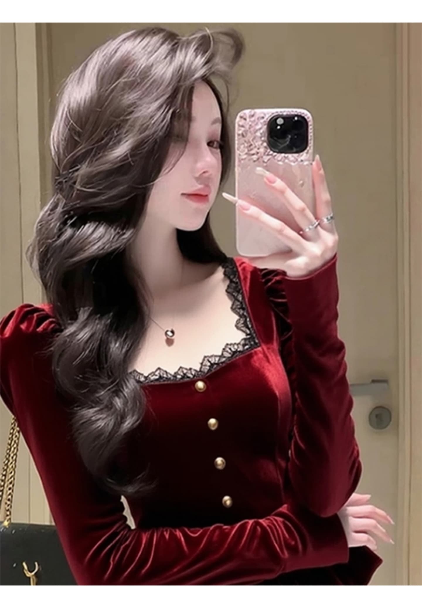 빨간색 벨벳 여성 셔츠 가을 겨울 고급 센스 빛 럭셔리 연령 감소 외국 가스 고유 한 아름다운 꼬집기 허리 프랑스식 사소한 맨위 상세 이미지 3