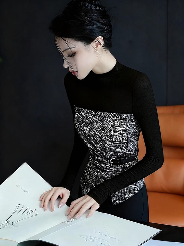 검정색 패치워크 무거운 작업 작은 키 긴팔 티셔츠 여성 가을 겨울 인사이드 가져 가라. 수 있습니다. 외출용 기본 셔츠 쇼트 스타일 몸매 가꾸기 맨위 이미지 3