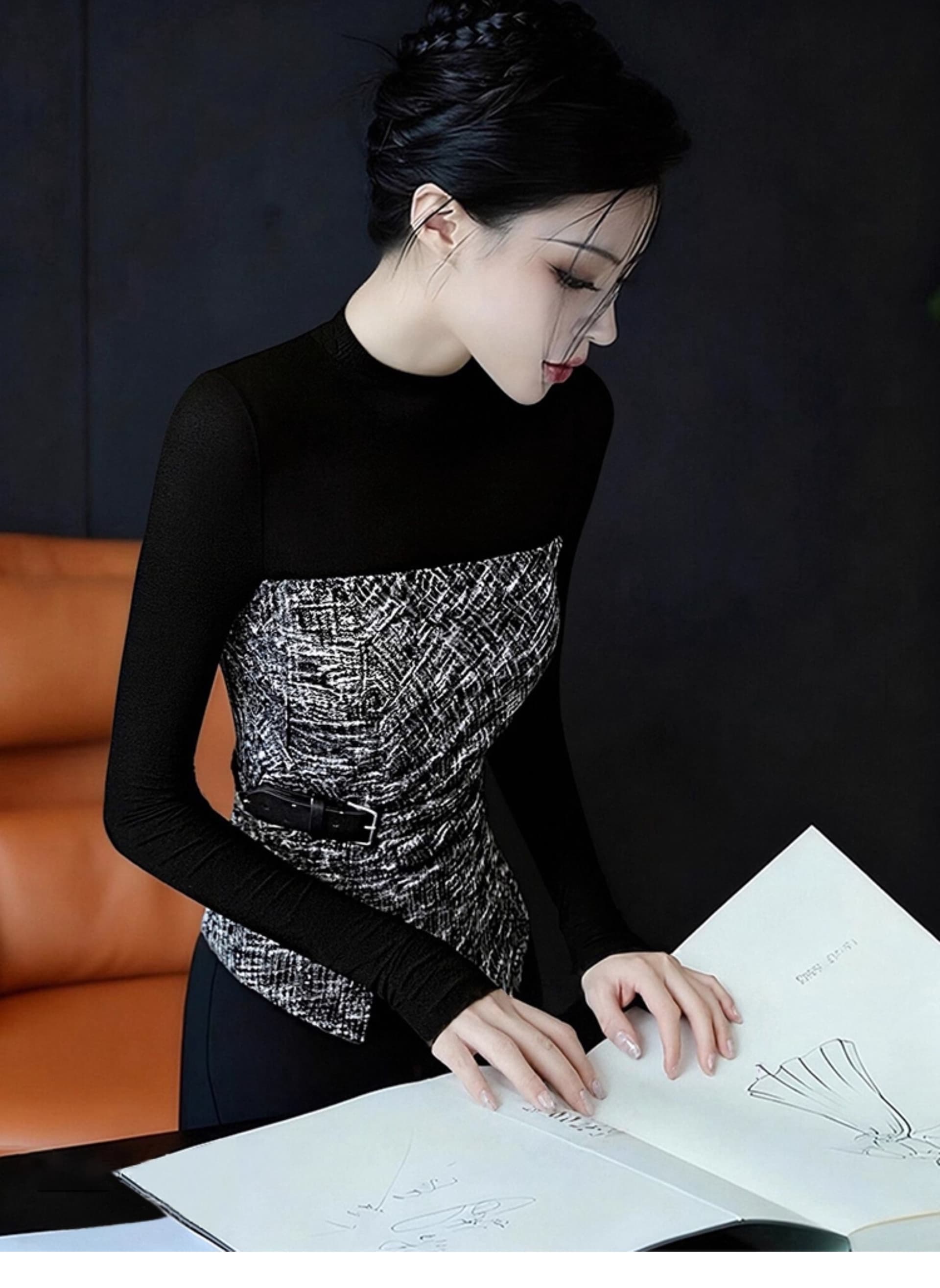검정색 패치워크 무거운 작업 작은 키 긴팔 티셔츠 여성 가을 겨울 인사이드 가져 가라. 수 있습니다. 외출용 기본 셔츠 쇼트 스타일 몸매 가꾸기 맨위 상세 이미지 5