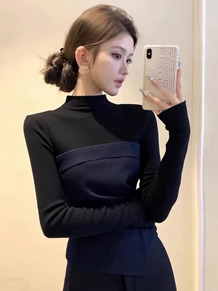 배색 패치워크 페이크 레이어드 긴팔 티셔츠 여성 2025 겨울 새로운 몸매 가꾸기 불규칙 반하이넥 만나는 맨위 상세 이미지 3