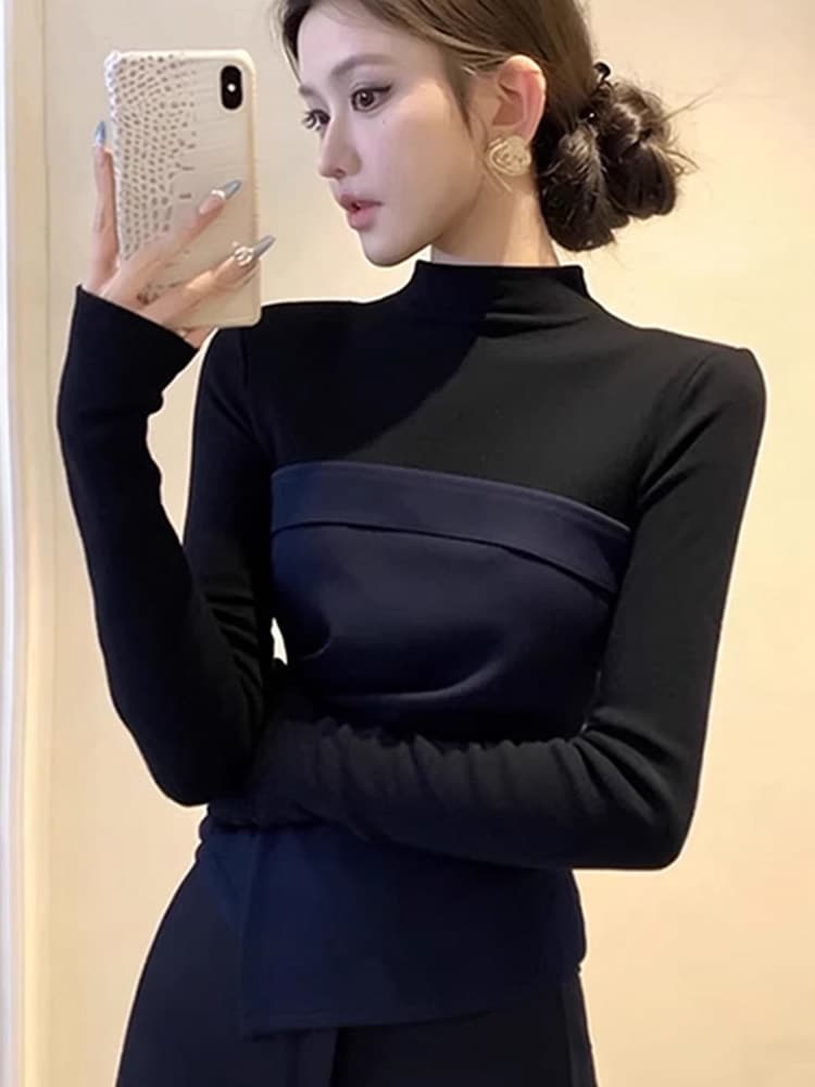 배색 패치워크 페이크 레이어드 긴팔 티셔츠 여성 2025 겨울 새로운 몸매 가꾸기 불규칙 반하이넥 만나는 맨위 상세 이미지 6
