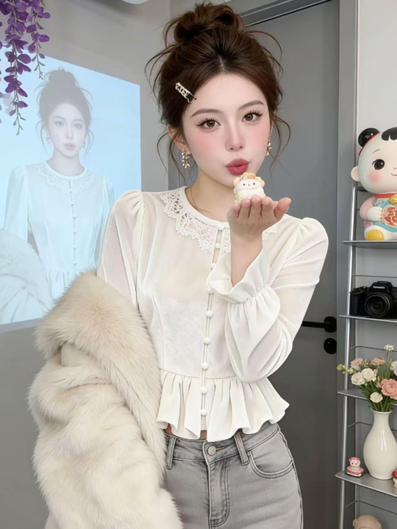 프랑스식 여성 셔츠 2025 겨울 인사이드 가져 가라. 고급 센스 빛 럭셔리 연령 감소 외국 가스 꼬집기 허리 자이언트 잘 생긴 화이트 벨벳 맨위 상세 이미지 6