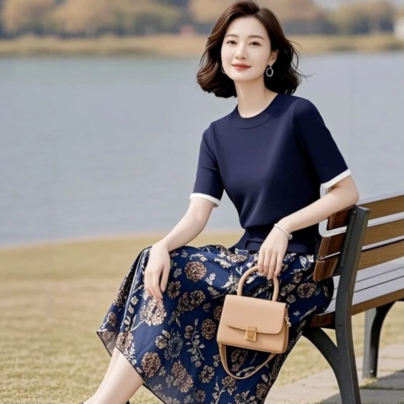 2026 여성 의류 오리지널 브랜드 고급 센스 빛 럭셔리 니트 맨위 반팔 슈퍼 잘 생긴 반신 스커트 투피스 세트 이미지 2