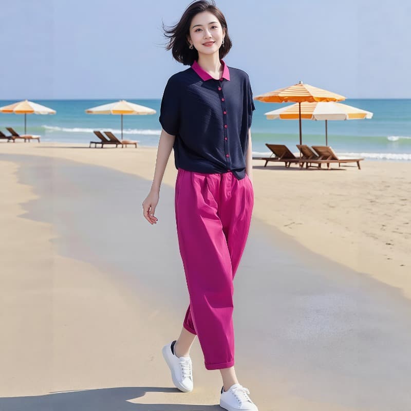 2026 여성 의류 오리지널 브랜드 고급 센스 배색 니트 맨위 여성용 짧은 소매 캐주얼 9부 바지 투피스 세트 상세 이미지 3