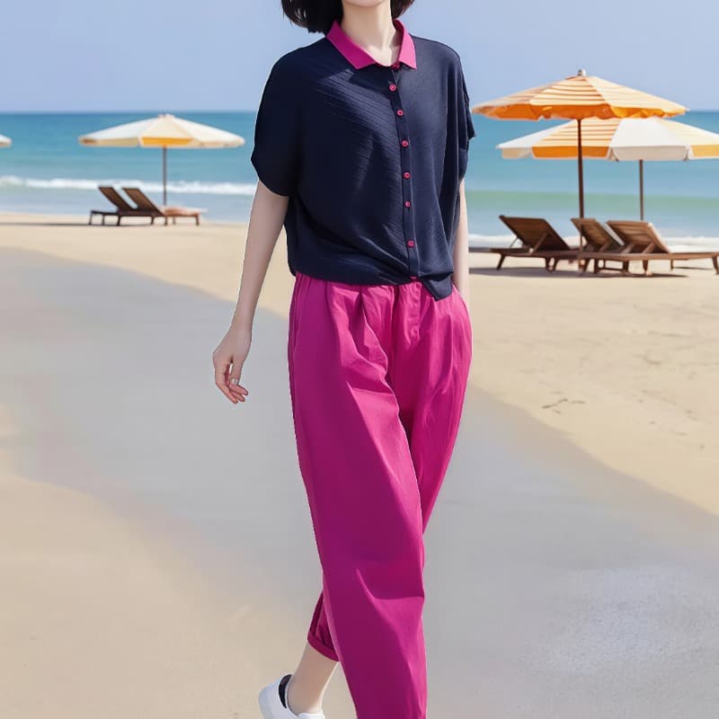 2026 여성 의류 오리지널 브랜드 고급 센스 배색 니트 맨위 여성용 짧은 소매 캐주얼 9부 바지 투피스 세트 상세 이미지 4