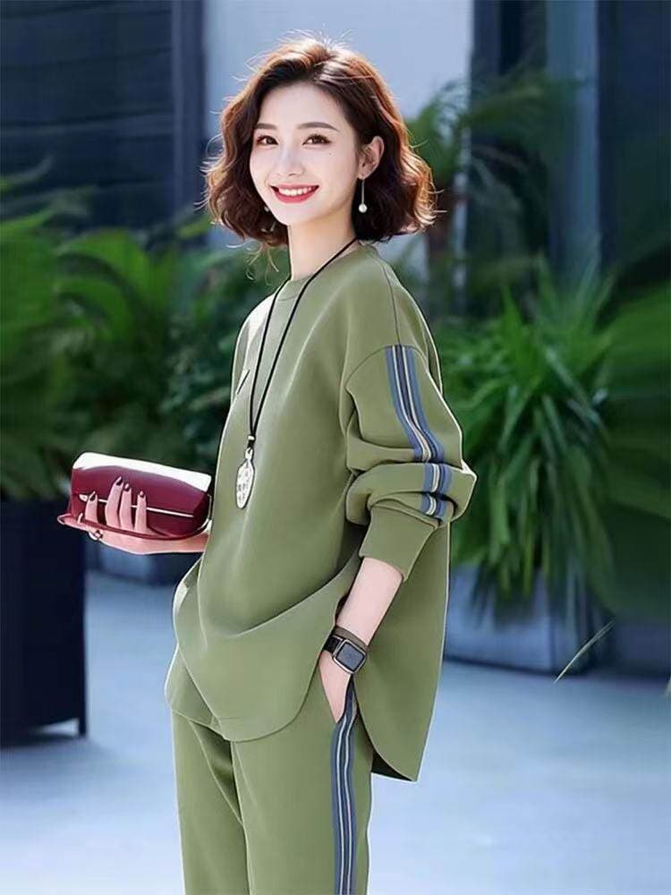 2026 여성 의류 오리지널 브랜드 가게 연령 감소 측면 스트라이프 라운드 넥 후드티 허리밴드 스트레이트 팬츠 투피스 슈트 상세 이미지 7