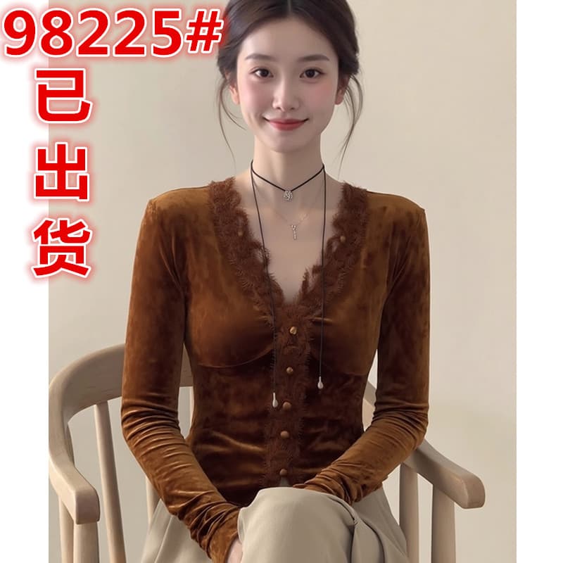 아름다움 라드. 커피 색상 V넥 레이스 레이스 벨벳 맨위 25 겨울 여성 의류 품격 빛 럭셔리 고급 센스 인사이드 가져 가라. 작은 셔츠 이미지 2