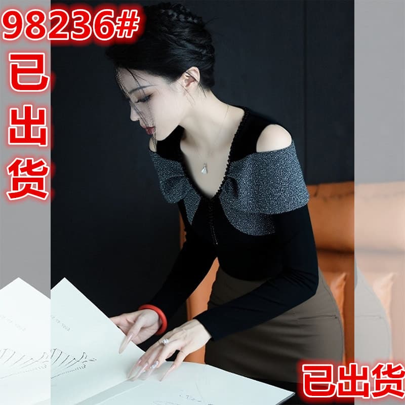 빛 요리 한 레트로 고급 센스 검정색 핫픽스 패치워크 티셔츠 여성 가을 겨울 새로운 작은 대중 디자인 센스 다용도 맨위 트렌디 이미지 2