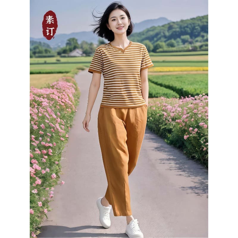 2026 여성 의류 오리지널 브랜드 플래그십 스토어 가을 캐주얼 세트 패치워크 색상 스트라이프 티셔츠 허리밴드 9부 바지 세트 이미지 3