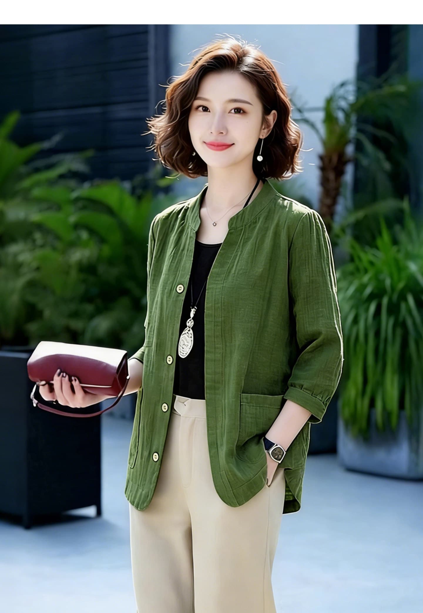 2026 패션 외국 가스 7부 소매 단색 셔츠 다용도 바지 세트 봄 상세 이미지 9