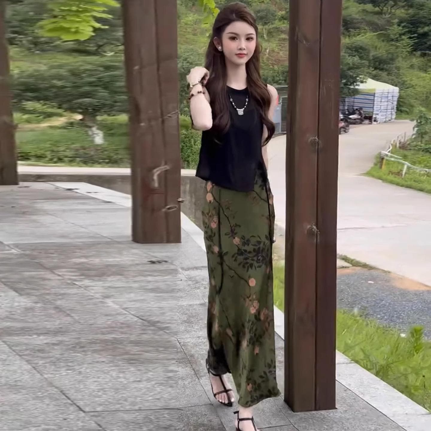 패션 세트 드레스 여성 2025 여름 새로운 외국 가스 슬림해 보이는 민소매 베스트 국풍 프린트 반신 스커트 투피스 세트 상세 이미지 5