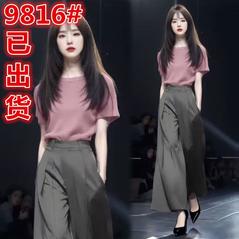 패션 세트 여성 2025 여름 새로운 세련된 외국 가스 반팔 티셔츠 하이웨이스트 와이드 레그 팬츠 품격 투피스 세트 트렌디 이미지 2
