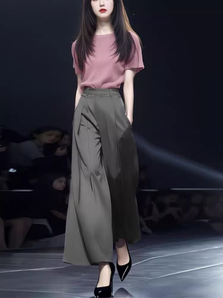 패션 세트 여성 2025 여름 새로운 세련된 외국 가스 반팔 티셔츠 하이웨이스트 와이드 레그 팬츠 품격 투피스 세트 트렌디 상세 이미지 3